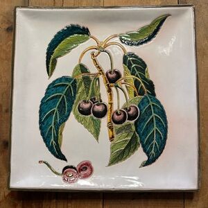 Square ceramic cherries serving platter Italy 399 vintage